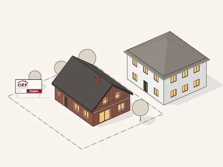 Zeichnung: Grundstück mit dem neuen Haus, Nachbarhaus, Bäumen und Bauschild „Übergeben“
